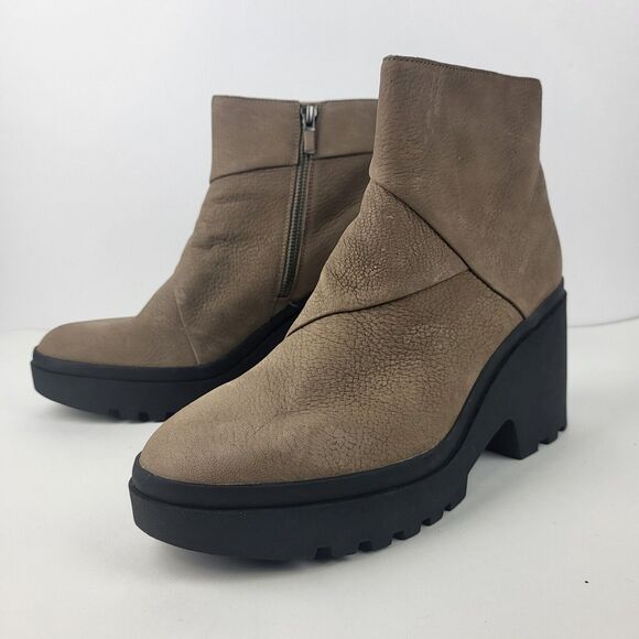 Eileen Fisher Tan Taupe Leather Lug Platform Ankle Booties Boots  Size 11 - Picture 1 of 15